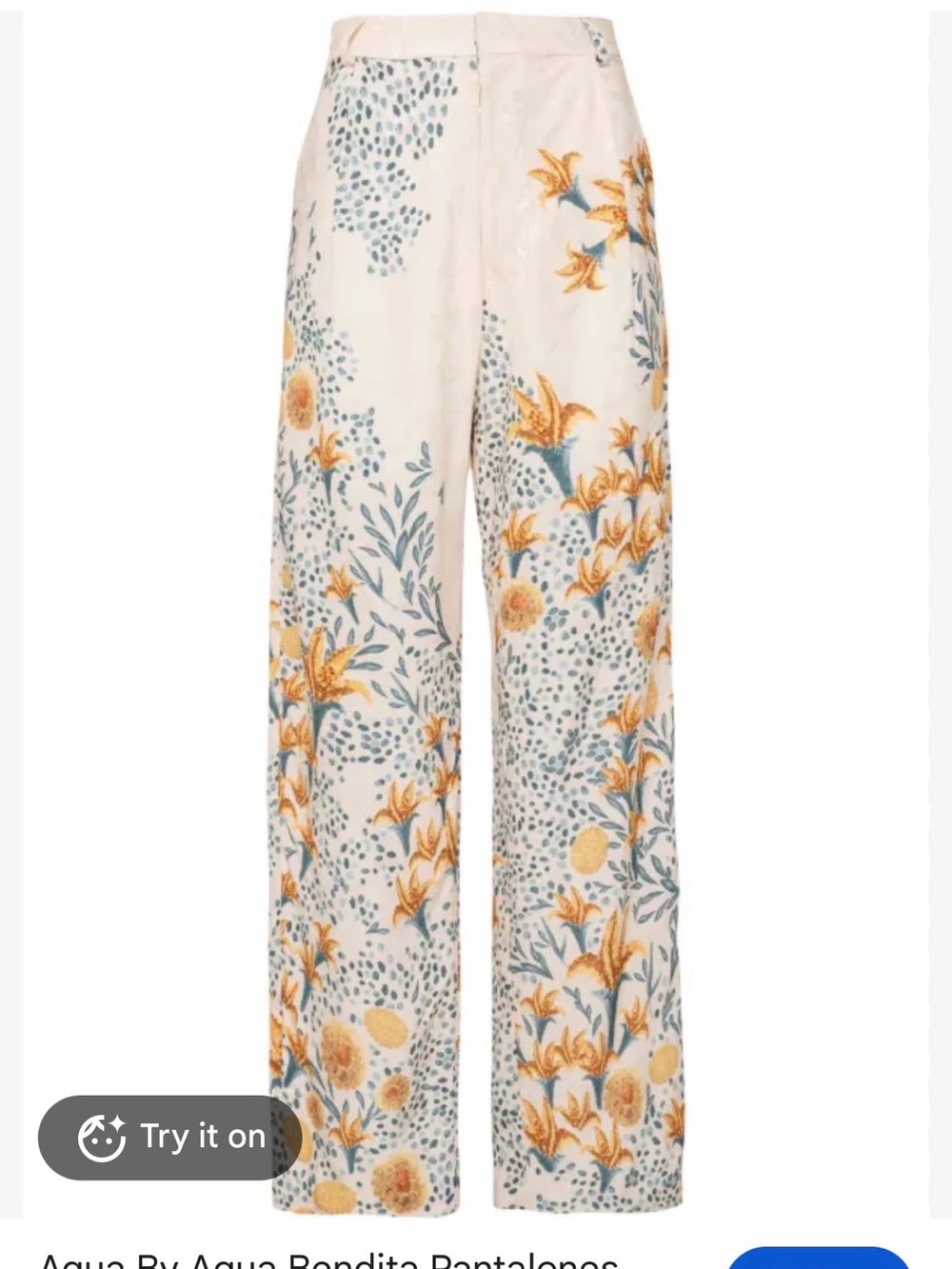 Agua by Agua Bendita Cream Wide-Leg Floral Pants with Yellow & Blue Print NWOT